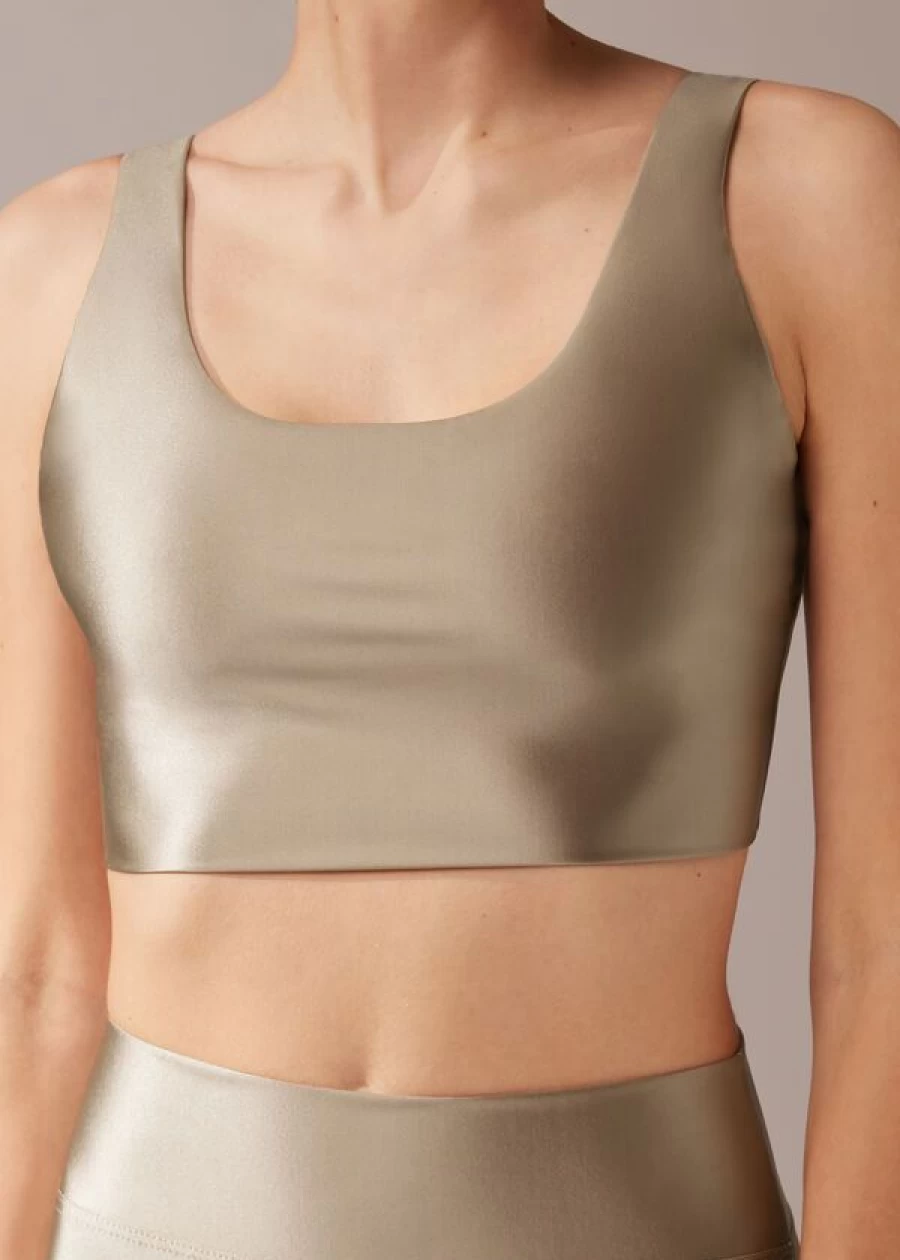 Calzedonia Super Shine Satin Top in 865C Platino Satin - Luxurious Shiny Blouse