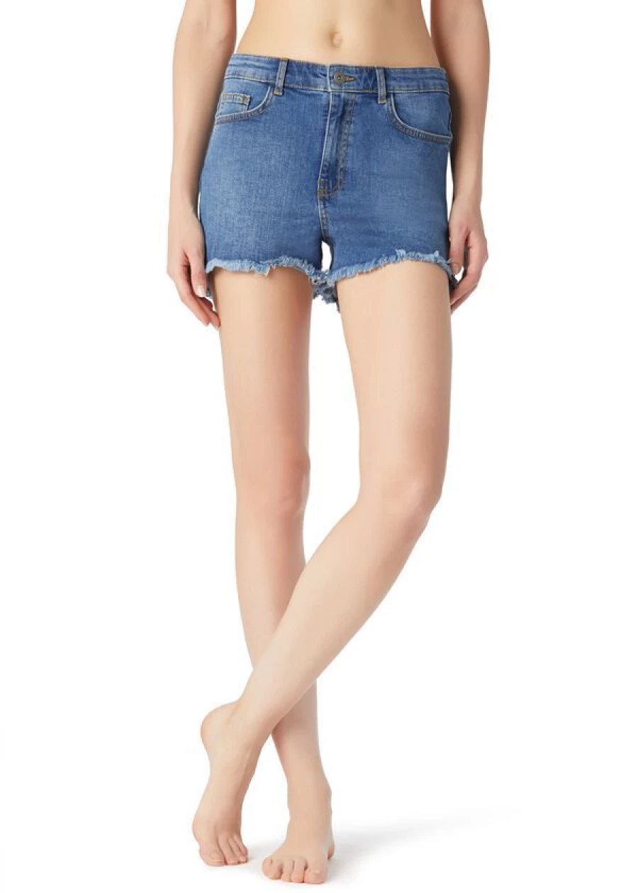 Calzedonia Fringed Denim Shorts in 3210 - Blue Denim | Distressed Hem Women's Jeans