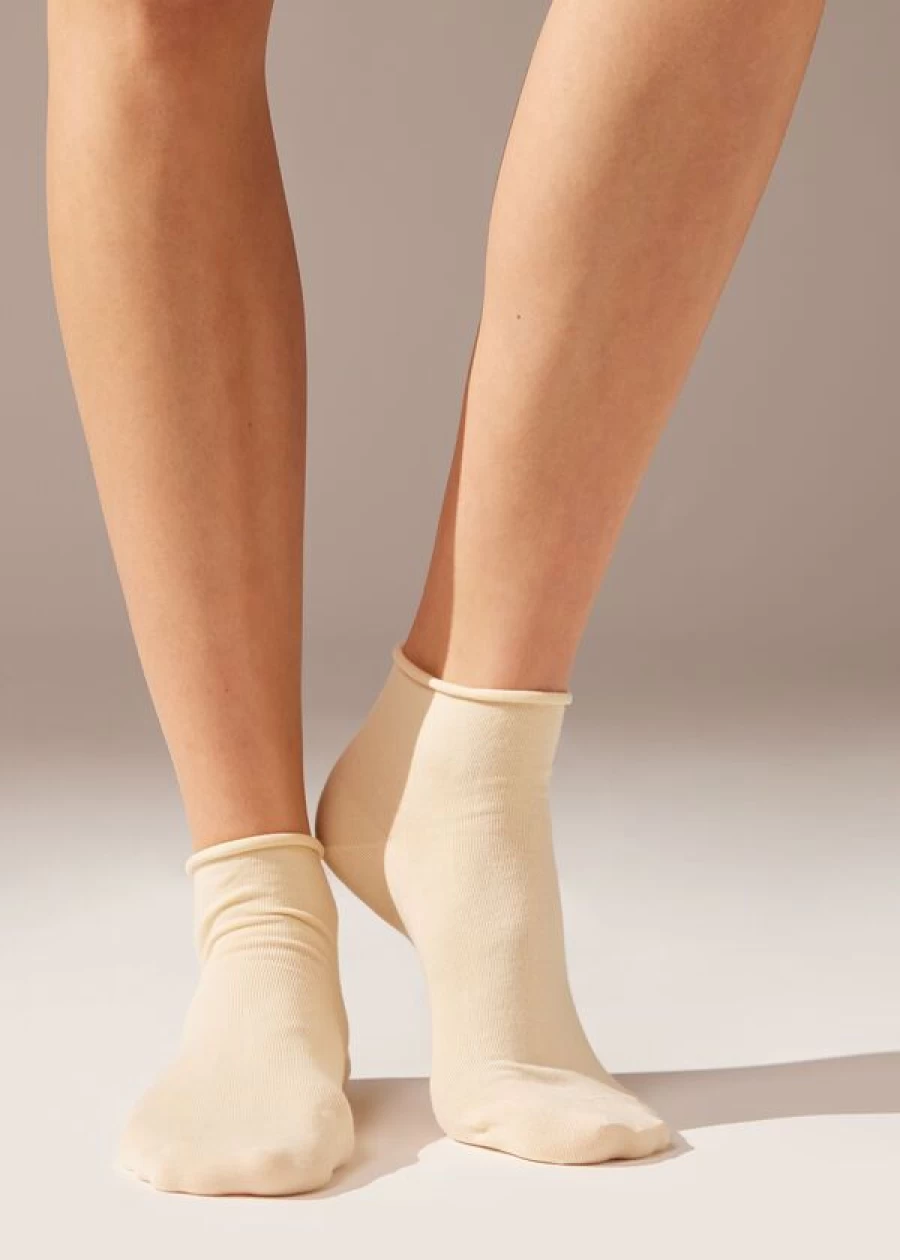 Calzedonia Cotton Ankle Socks - Soft Yellow Comfort, No-Show Short Socks