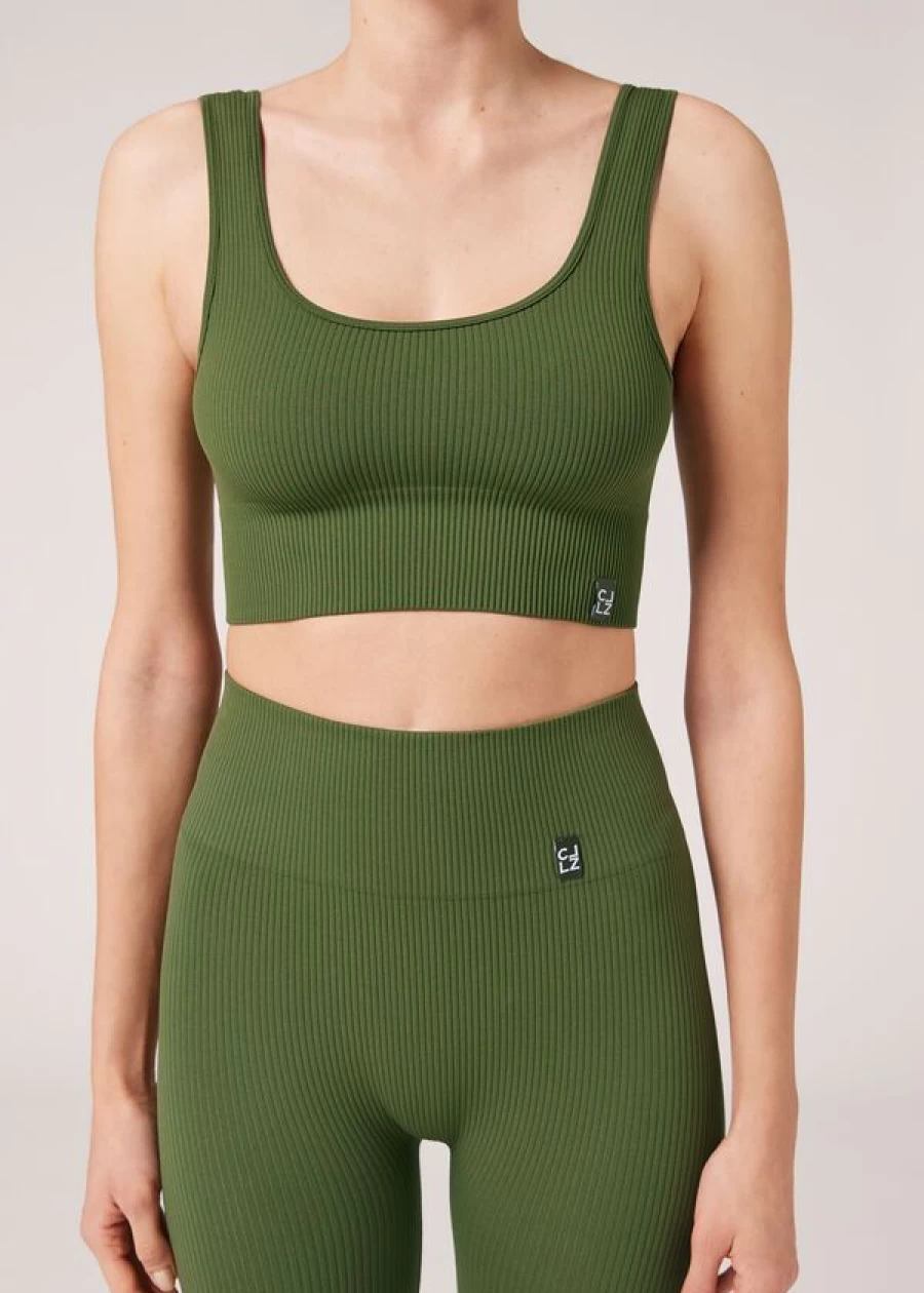 "Calzedonia Ribbed Seamless Sport Top in Verde Militare - 002F - Workout & Fitness Shirt"