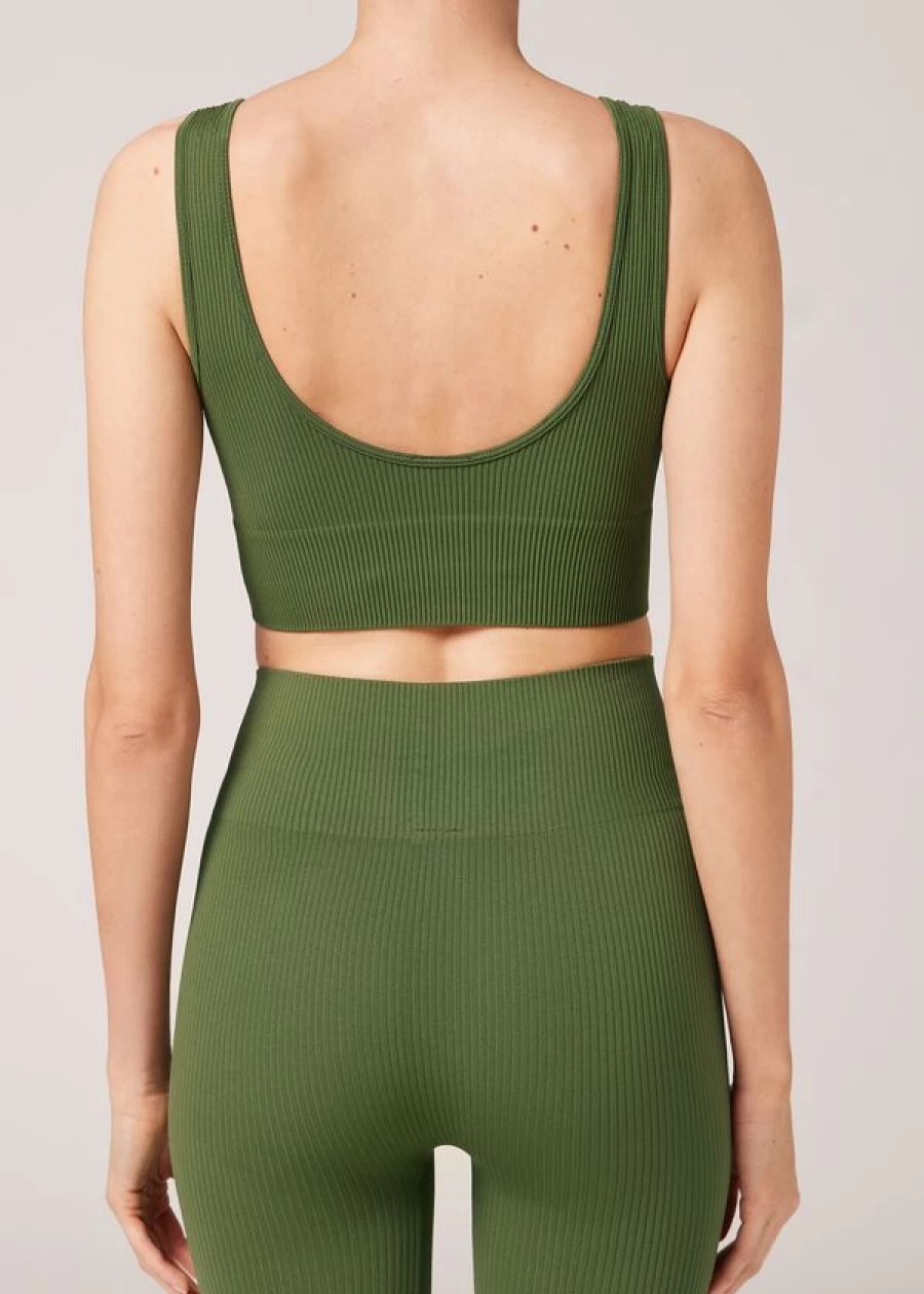 "Calzedonia Ribbed Seamless Sport Top in Verde Militare - 002F - Workout & Fitness Shirt"