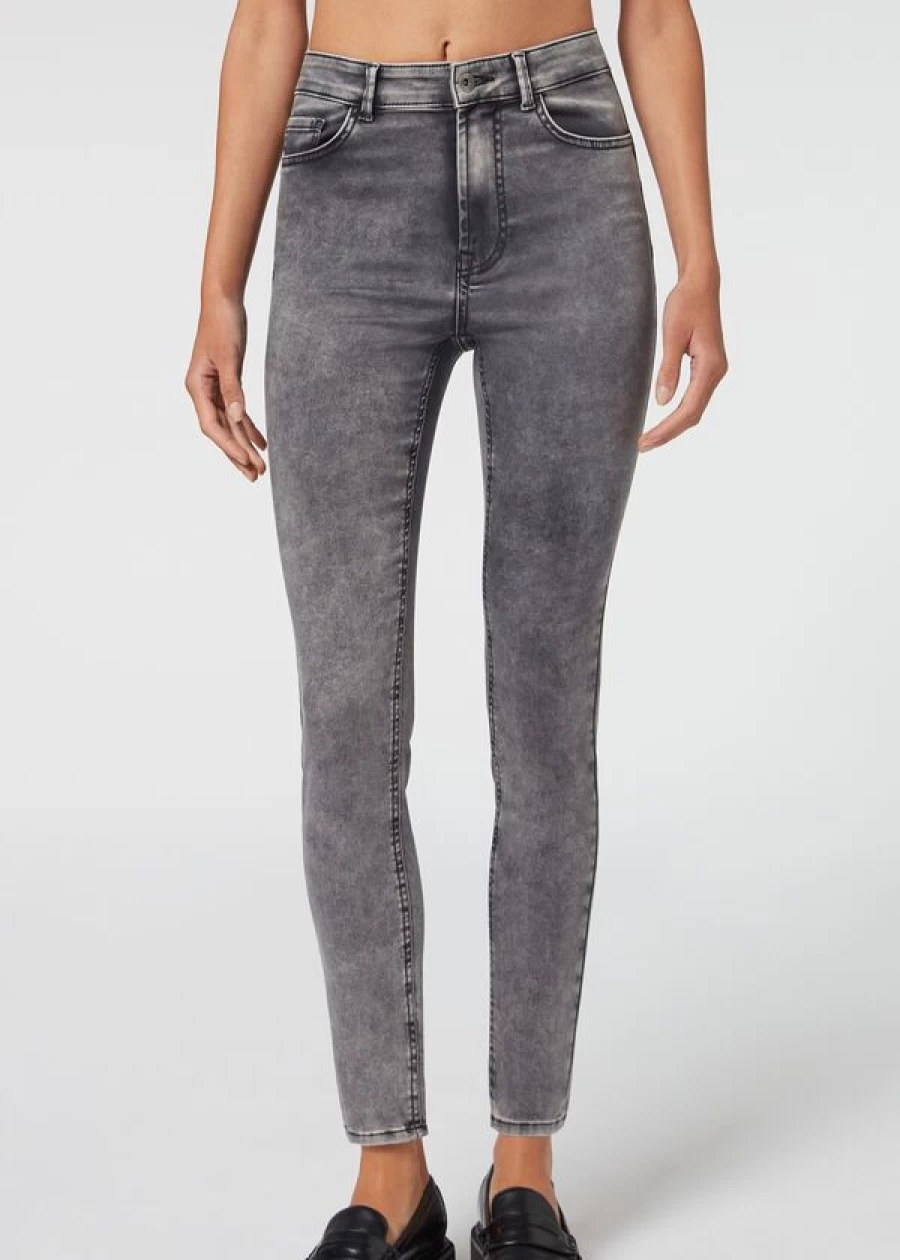 Calzedonia High-Waist Skinny Jeans - Soft Touch Push-Up Denim in Grigio Acid Wash