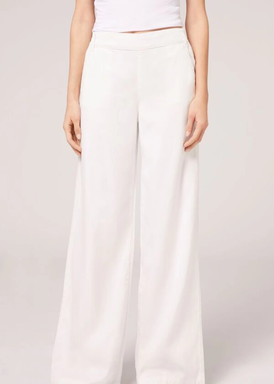 Calzedonia Linen Palazzo Leggings with Pockets - 836C White Comfortable Wide Leg Pants