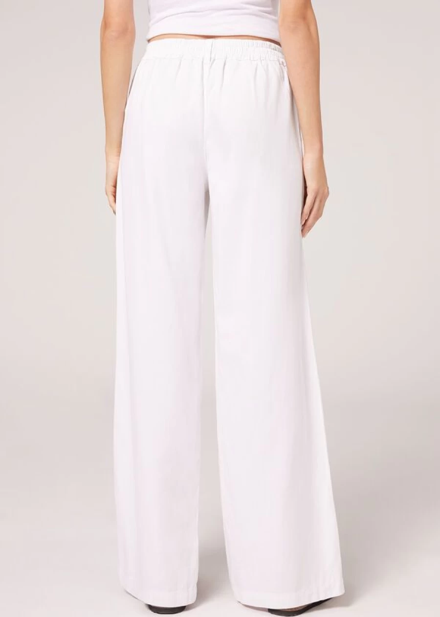 Calzedonia Linen Palazzo Leggings with Pockets - 836C White Comfortable Wide Leg Pants