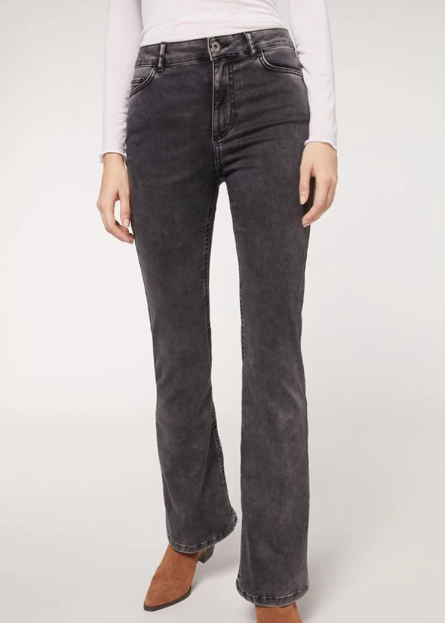 Calzedonia Acid Wash Flared Jeans for Women - Grigio Wash Denim, High Waisted Wide Leg Trousers