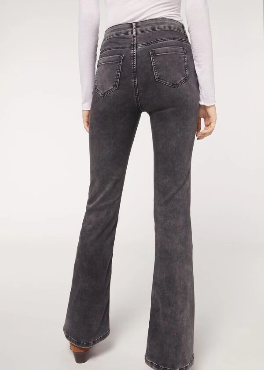 Calzedonia Acid Wash Flared Jeans for Women - Grigio Wash Denim, High Waisted Wide Leg Trousers