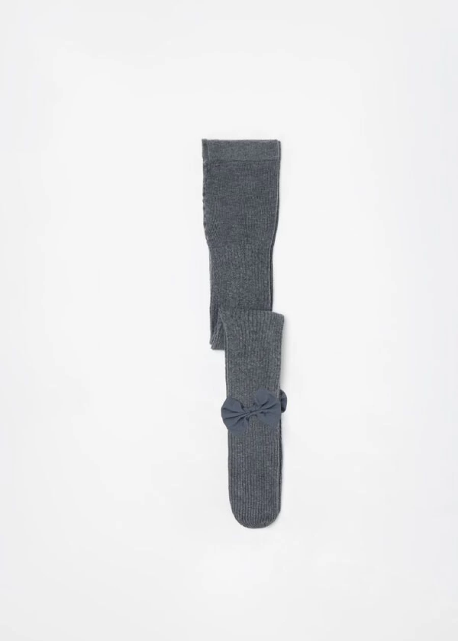 Calzedonia Girls' Ribbed Grey Blend Cotton Tights with Decorative Bow - Narrow Fit