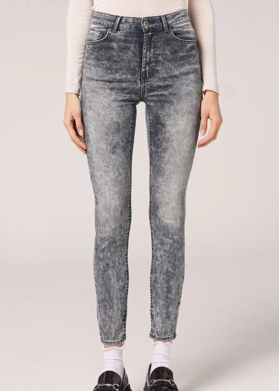 Calzedonia High-Waist Skinny Jeans - Soft Touch Push-Up Denim in Grigio Acid Wash