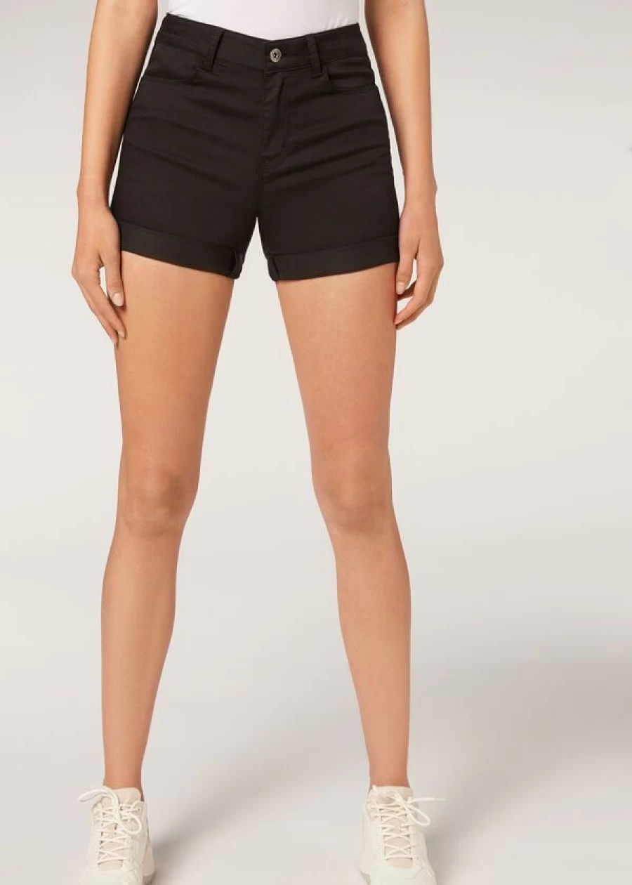 Calzedonia Black Denim Shorts - Light Wash High-Waisted Women's Jeans Shorts